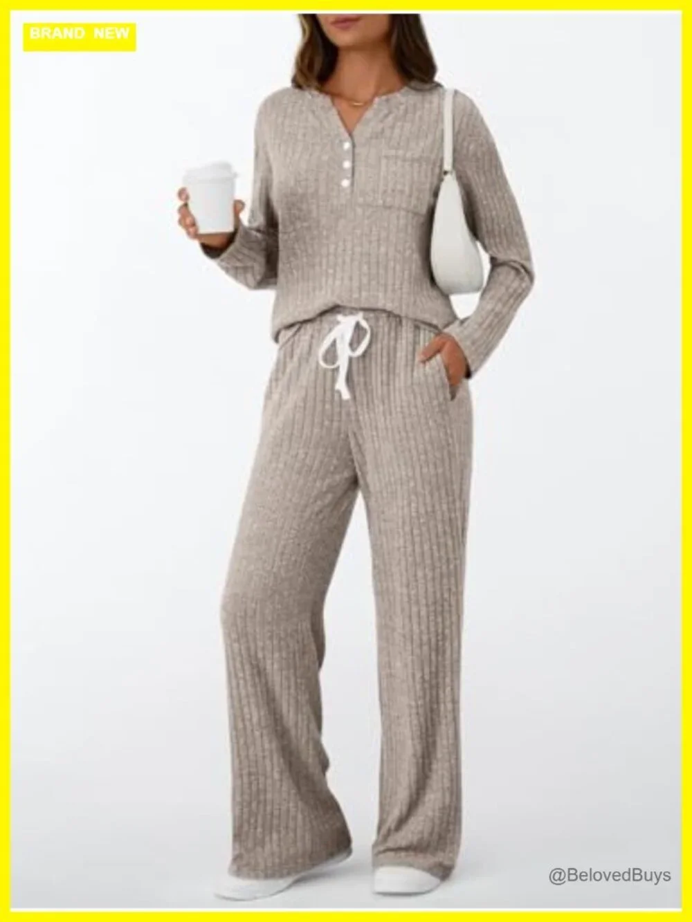 2 Piece Lounge Set - Henley Top & Wide Leg Pants with Pockets, Soft Knit